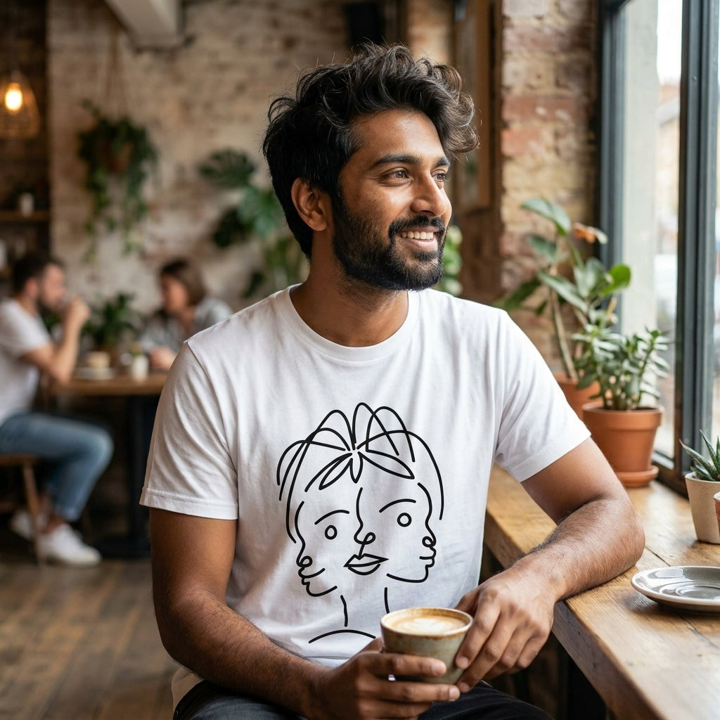 T-shirt Manches Courtes DOOBLE FACE — Blanc & Illustration Graphique Noire
