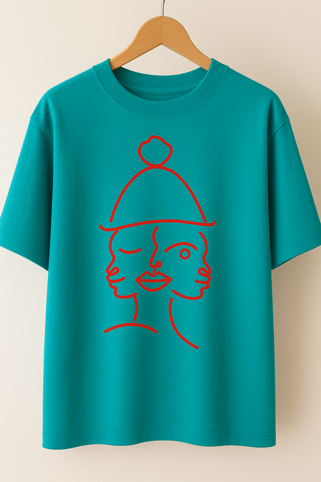 T-shirt Manches Courtes DOOBLE FACE — Bleu Turquoise & Illustration Graphique Rouge