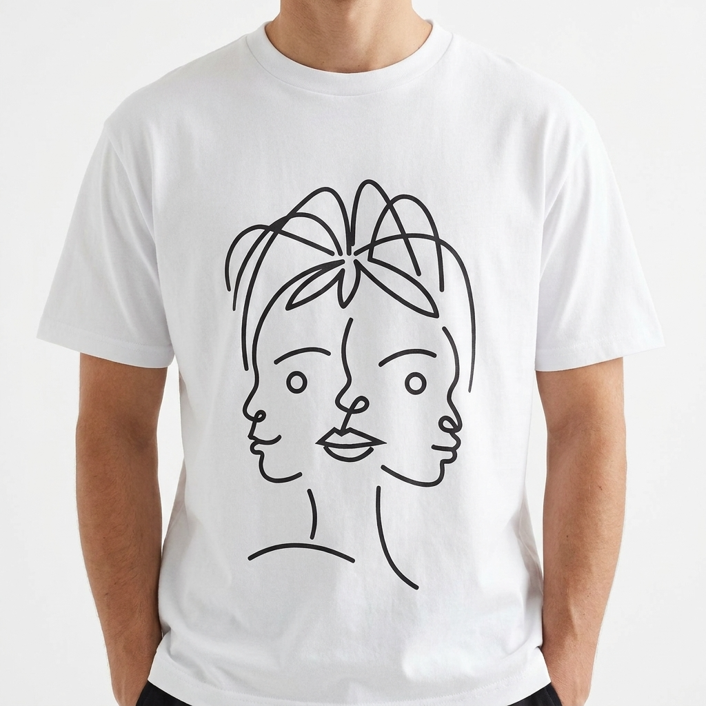 T-shirt Manches Courtes DOOBLE FACE — Blanc & Illustration Graphique Noire