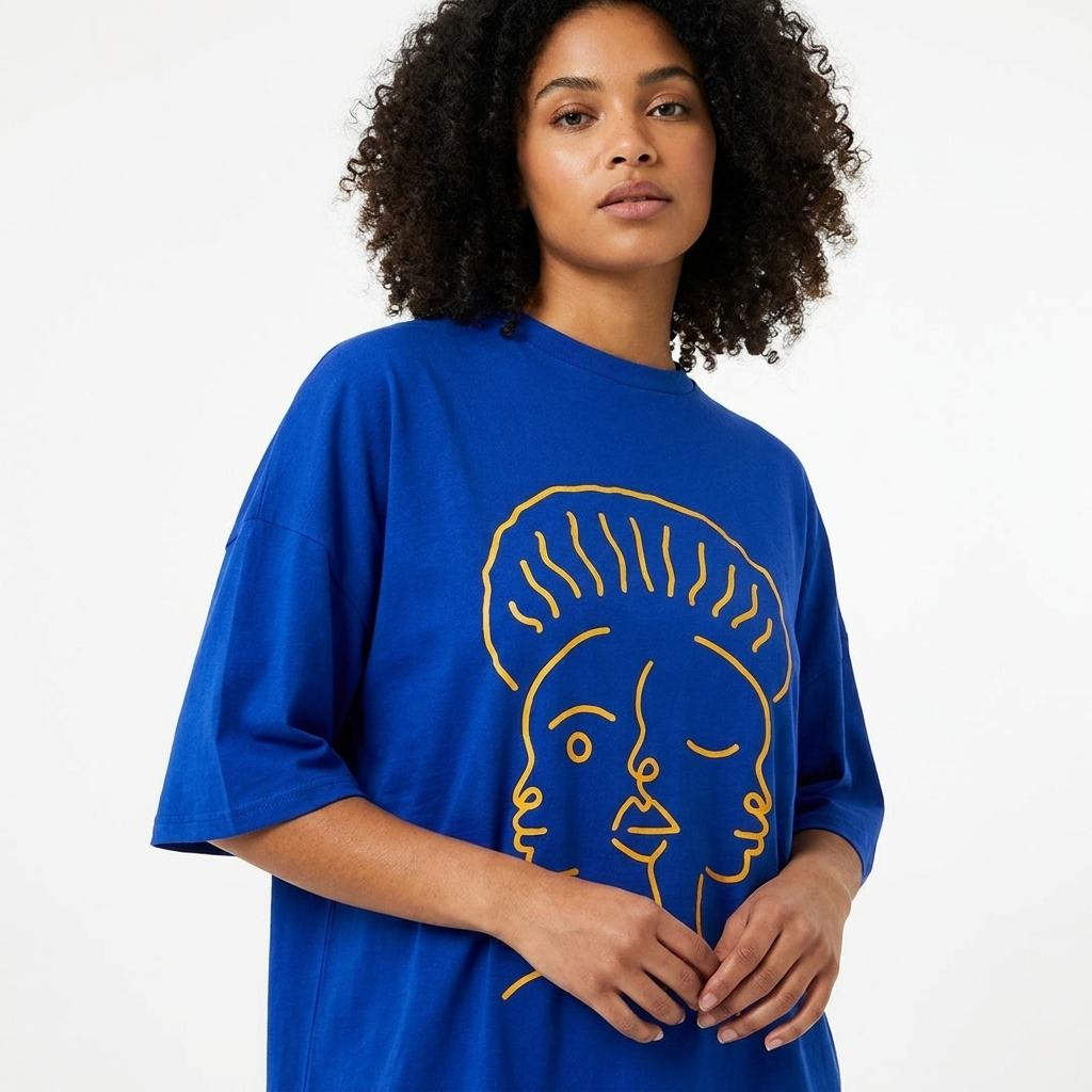 T-shirt Manches Courtes DOOBLE FACE — Bleu Royal & Illustration Graphique Jaune
