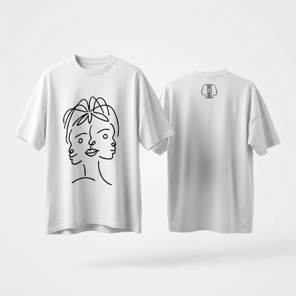 T-shirt Manches Courtes DOOBLE FACE — Blanc & Illustration Graphique Noire