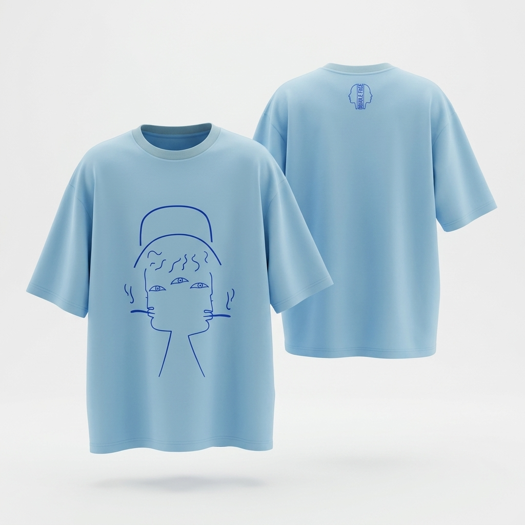 T-shirt Manches Courtes DOOBLE FACE — Bleu Ciel & Illustration Graphique Indigo