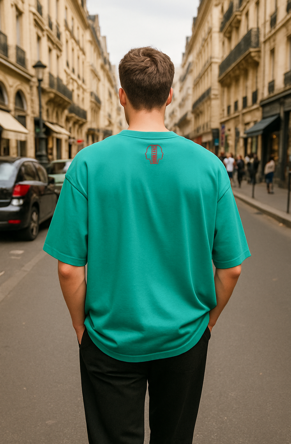 T-shirt Manches Courtes DOOBLE FACE — Bleu Turquoise & Illustration Graphique Rouge