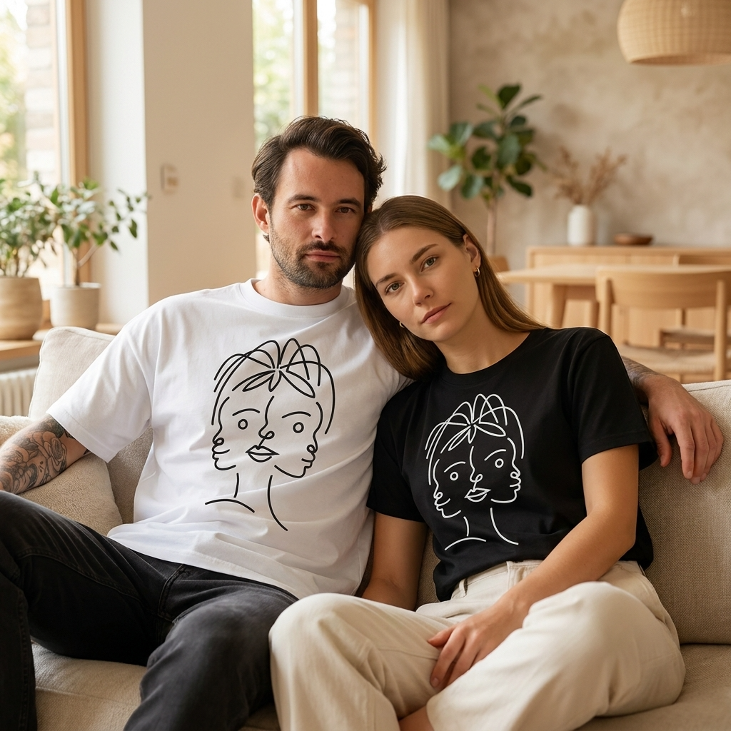 T-shirt Manches Courtes DOOBLE FACE — Noir & Illustration Graphique Blanche