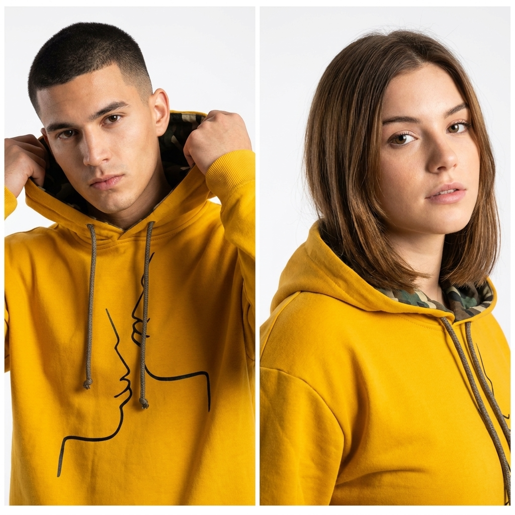 Sweat-shirt Réversible à Capuche DOOBLE FACE — Imprimé Militaire & Jaune Moutarde