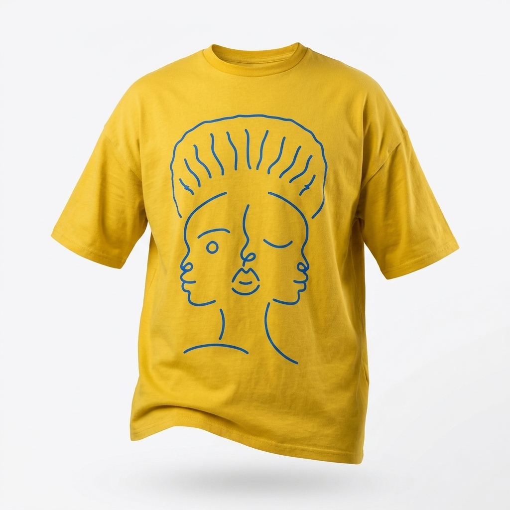 T-shirt Manches Courtes DOOBLE FACE — Jaune Moutarde & Illustration Graphique Bleu Royal
