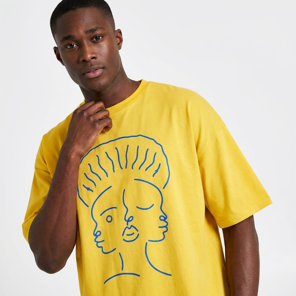 T-shirt Manches Courtes DOOBLE FACE — Jaune Moutarde & Illustration Graphique Bleu Royal