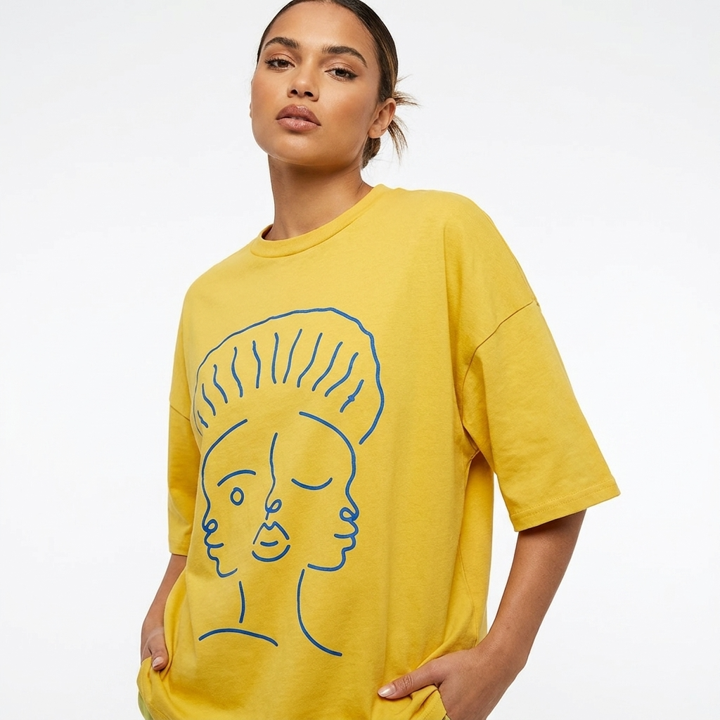 T-shirt Manches Courtes DOOBLE FACE — Jaune Moutarde & Illustration Graphique Bleu Royal