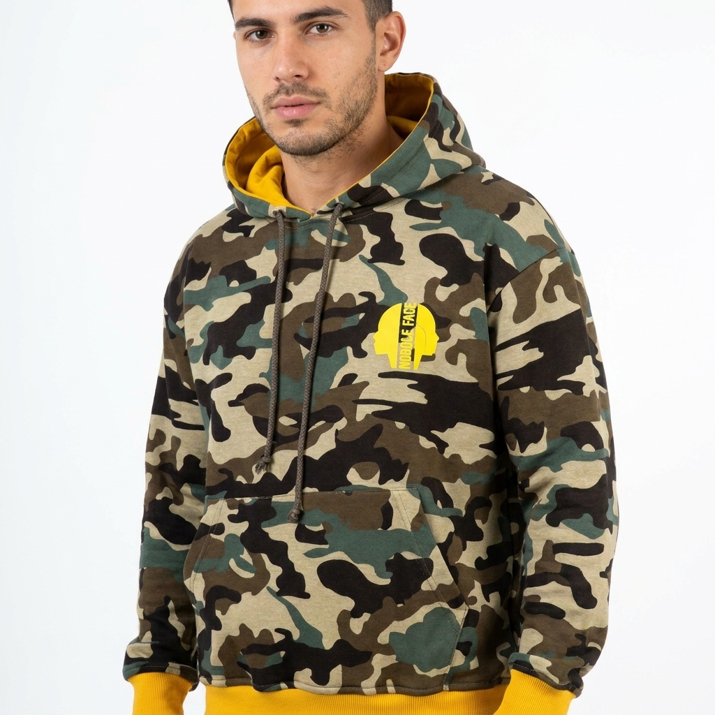Sweat-shirt Réversible à Capuche DOOBLE FACE — Imprimé Militaire & Jaune Moutarde