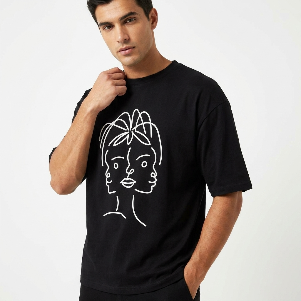 T-shirt Manches Courtes DOOBLE FACE — Noir & Illustration Graphique Blanche