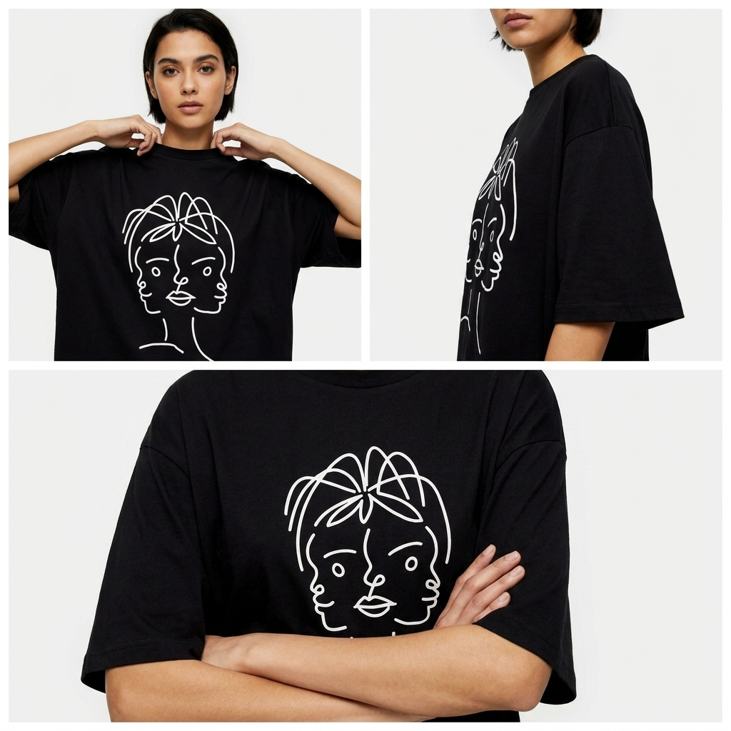 T-shirt Manches Courtes DOOBLE FACE — Noir & Illustration Graphique Blanche