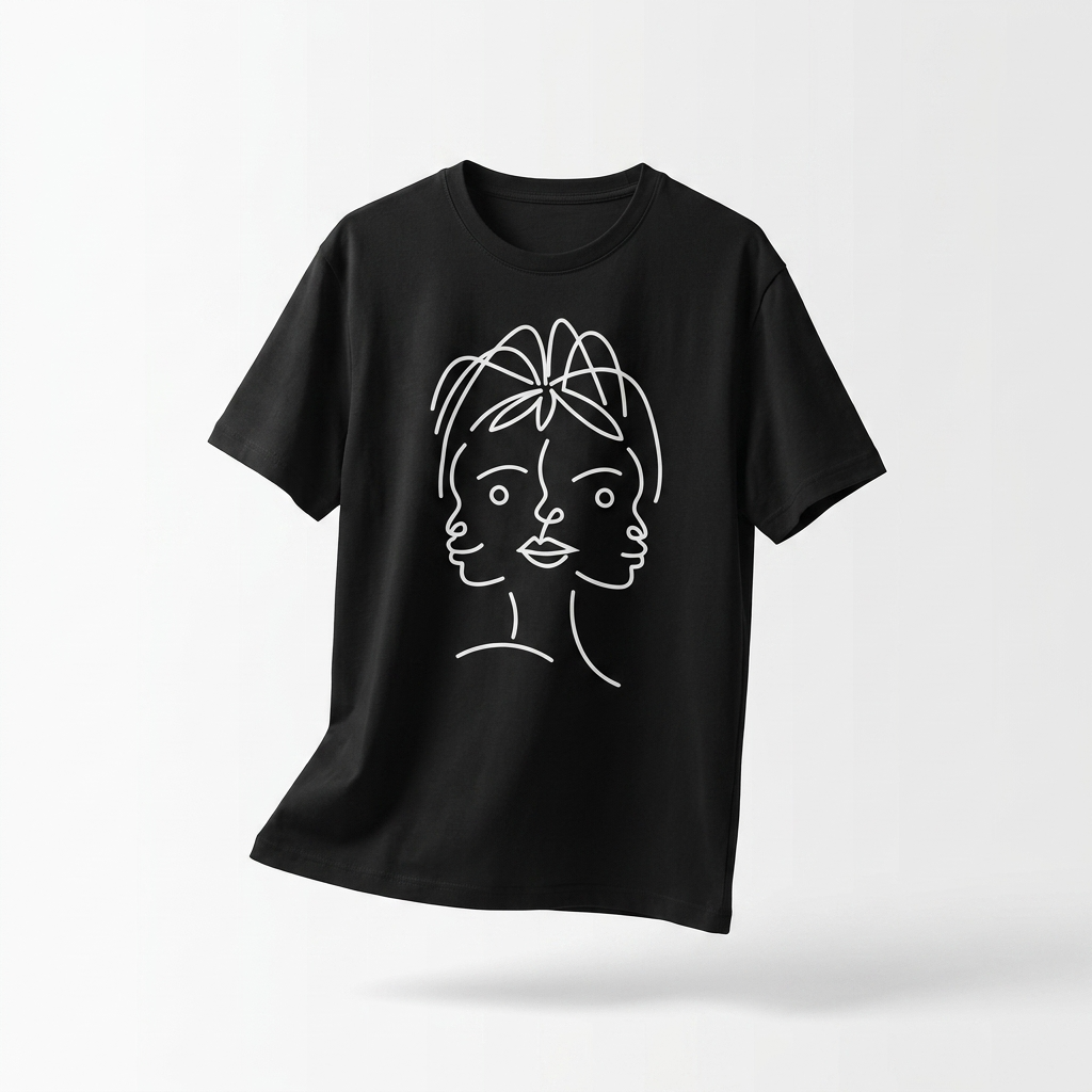 T-shirt Manches Courtes DOOBLE FACE — Noir & Illustration Graphique Blanche