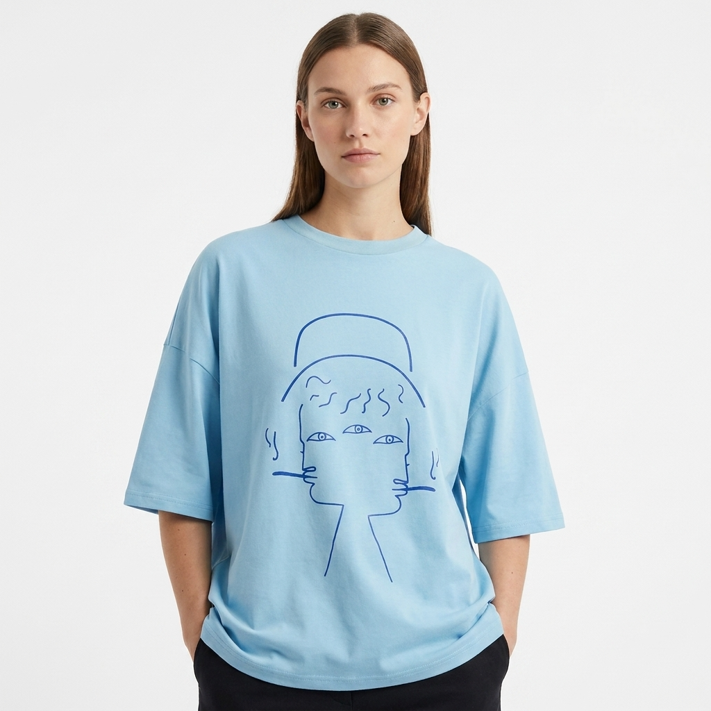 T-shirt Manches Courtes DOOBLE FACE — Bleu Ciel & Illustration Graphique Indigo