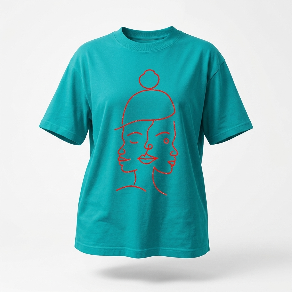 T-shirt Manches Courtes DOOBLE FACE — Bleu Turquoise & Illustration Graphique Rouge