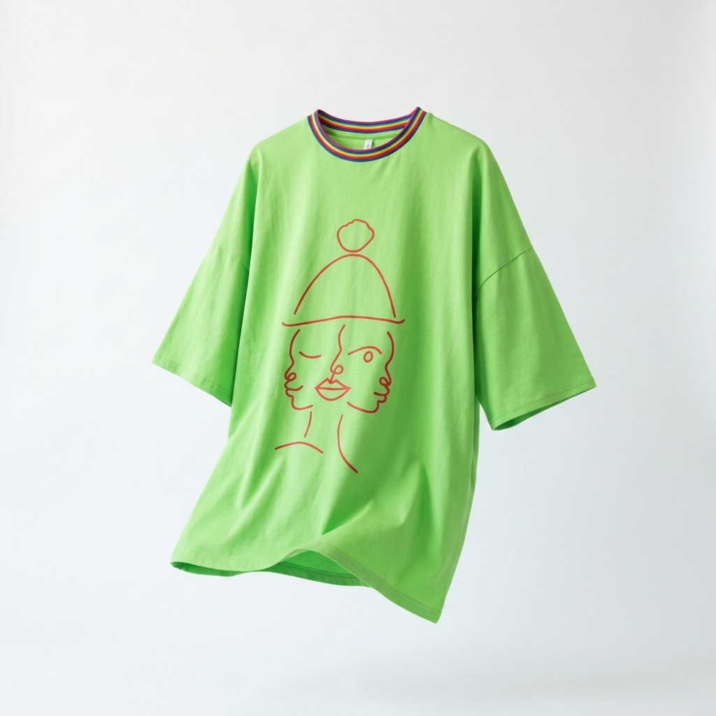 T-shirt Manches Courtes DOOBLE FACE — Vert Citron, Illustration Rouge & Encolure Multicolore