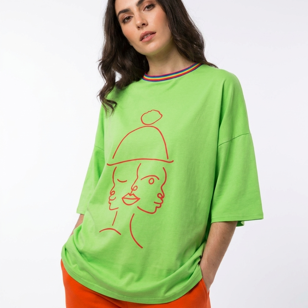 T-shirt Manches Courtes DOOBLE FACE — Vert Citron, Illustration Rouge & Encolure Multicolore