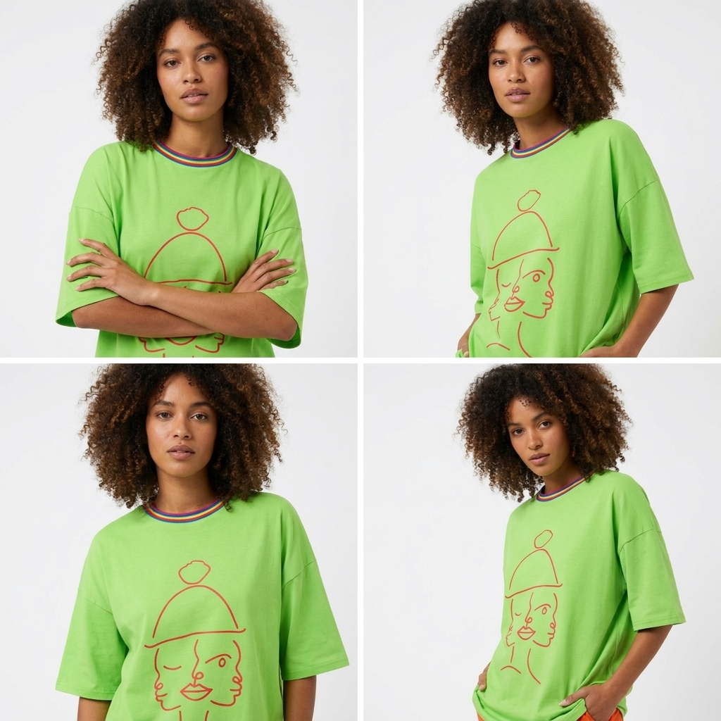 T-shirt Manches Courtes DOOBLE FACE — Vert Citron, Illustration Rouge & Encolure Multicolore