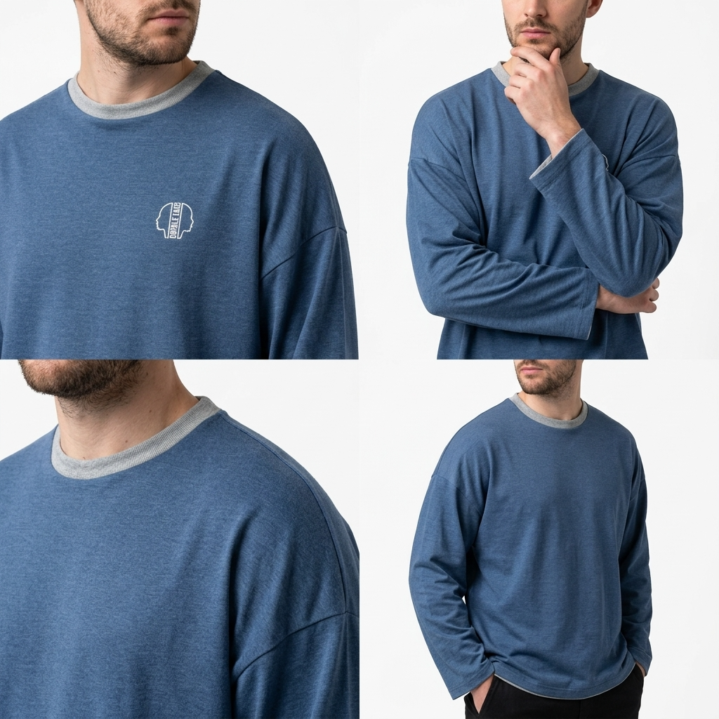 T-shirt Réversible Manches Longues DOOBLE FACE — Bleu Chiné & Gris Clair