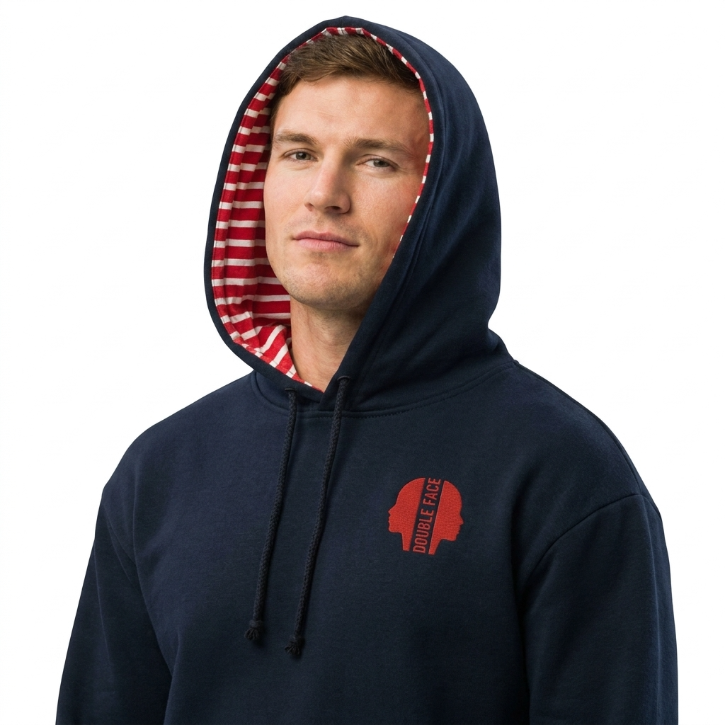 Sweat-shirt Réversible à Capuche DOOBLE FACE — Bleu Marine & Rayé Rouge/Blanc
