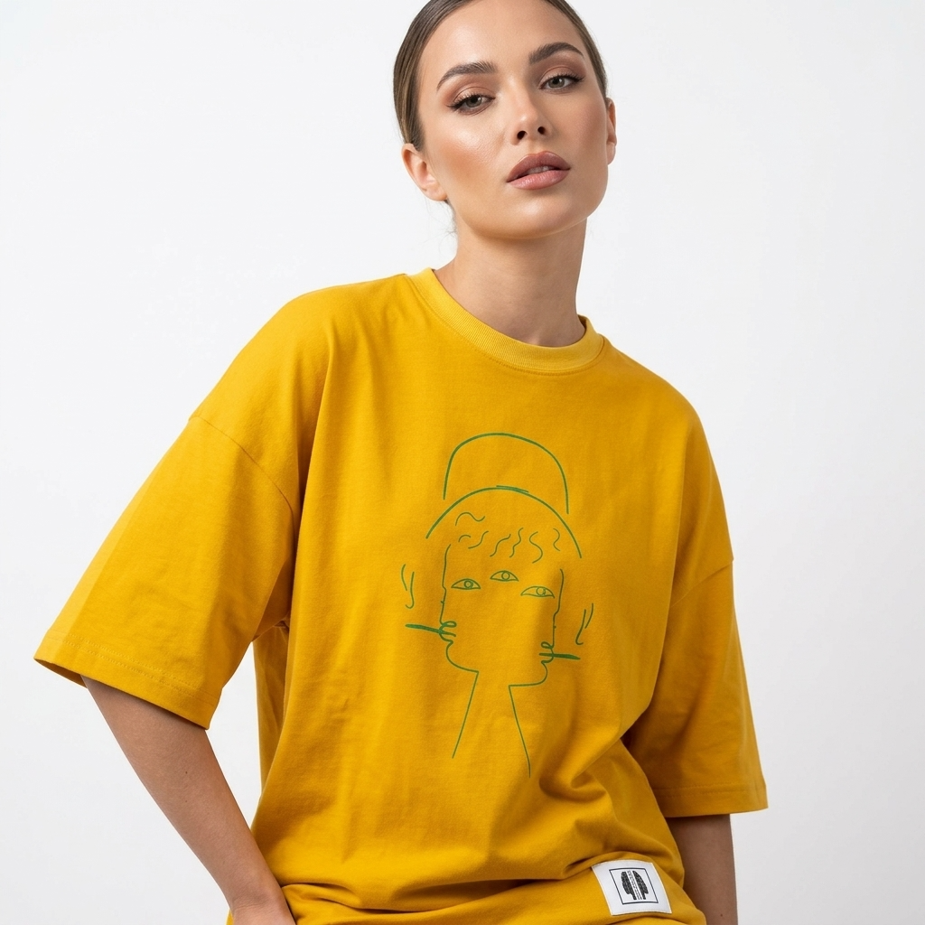 T-shirt Réversible Manches Courtes DOOBLE FACE — Jaune Moutarde & Vert Bouteille