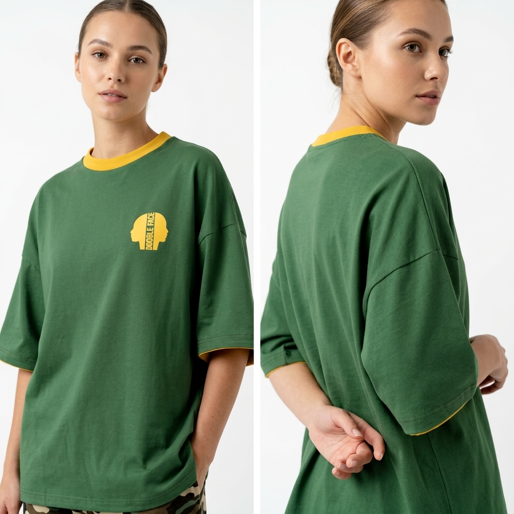 T-shirt Réversible Manches Courtes DOOBLE FACE — Jaune Moutarde & Vert Bouteille