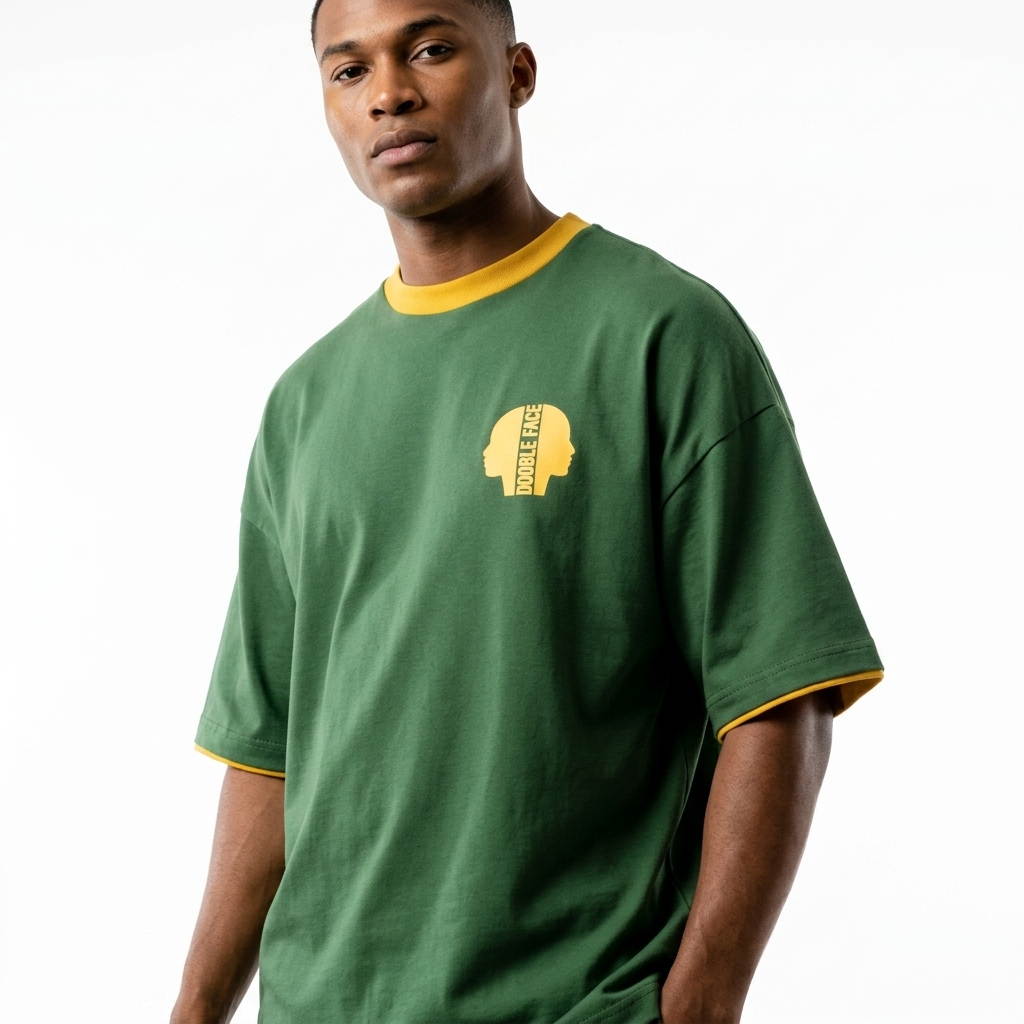 T-shirt Réversible Manches Courtes DOOBLE FACE — Jaune Moutarde & Vert Bouteille