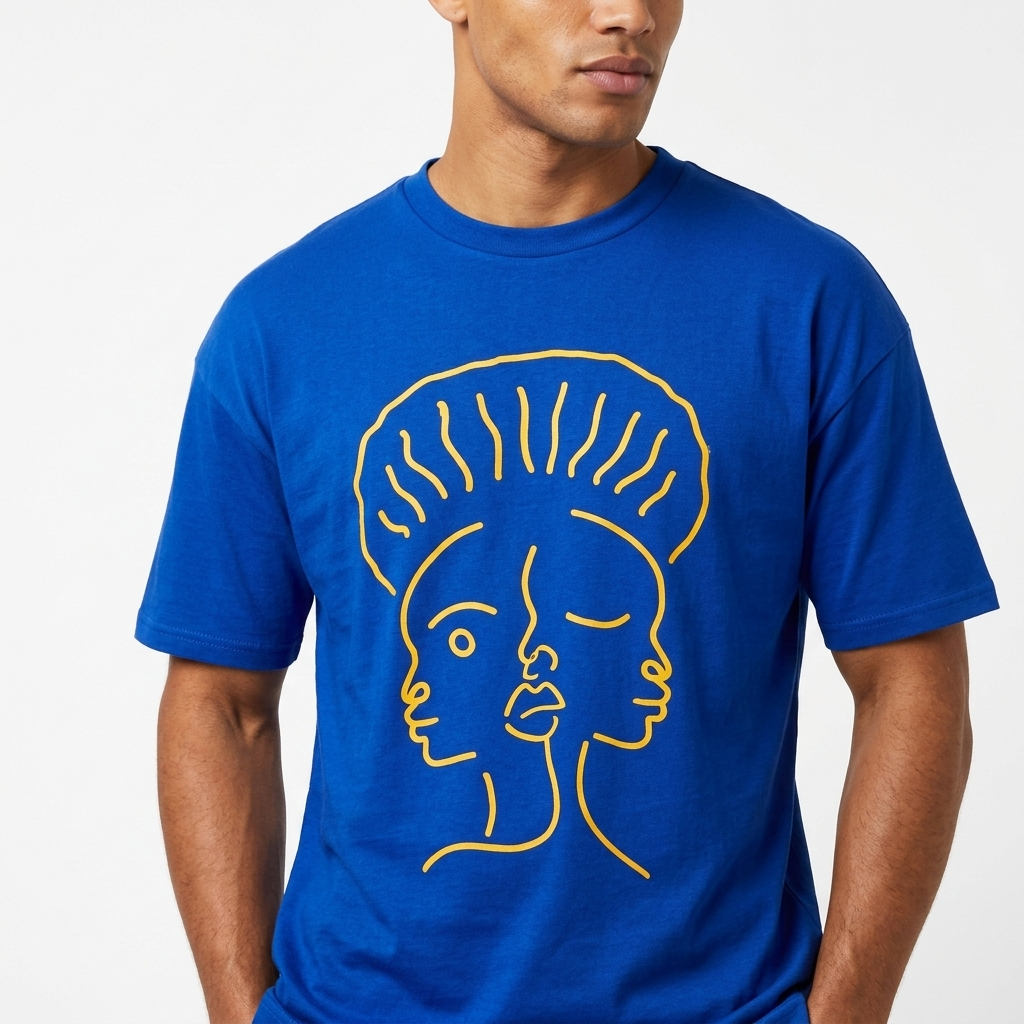 T-shirt Manches Courtes DOOBLE FACE — Bleu Royal & Illustration Graphique Jaune