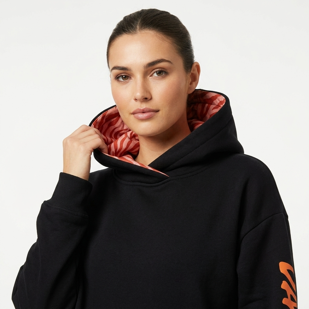 Sweat-shirt à Capuche DOOBLE FACE — Noir, Capuche Léopard Orange & Logo Dos