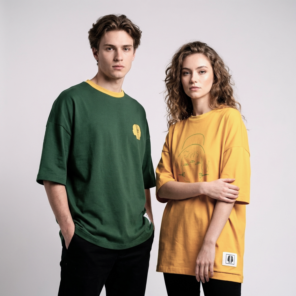 T-shirt Réversible Manches Courtes DOOBLE FACE — Jaune Moutarde & Vert Bouteille