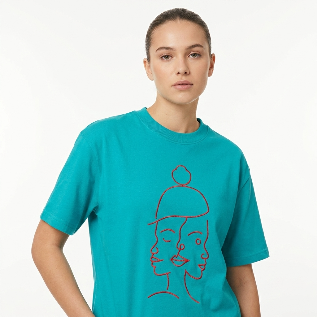 T-shirt Manches Courtes DOOBLE FACE — Bleu Turquoise & Illustration Graphique Rouge