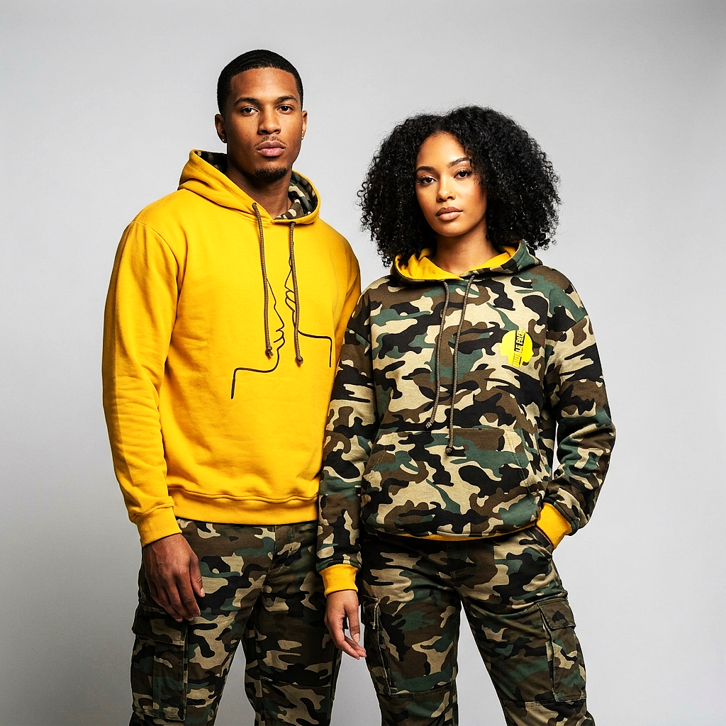 Sweat-shirt Réversible à Capuche DOOBLE FACE — Imprimé Militaire & Jaune Moutarde
