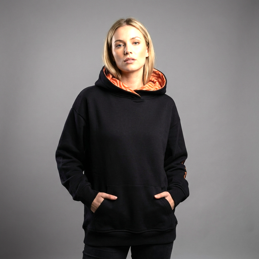Sweat-shirt à Capuche DOOBLE FACE — Noir, Capuche Léopard Orange & Logo Dos