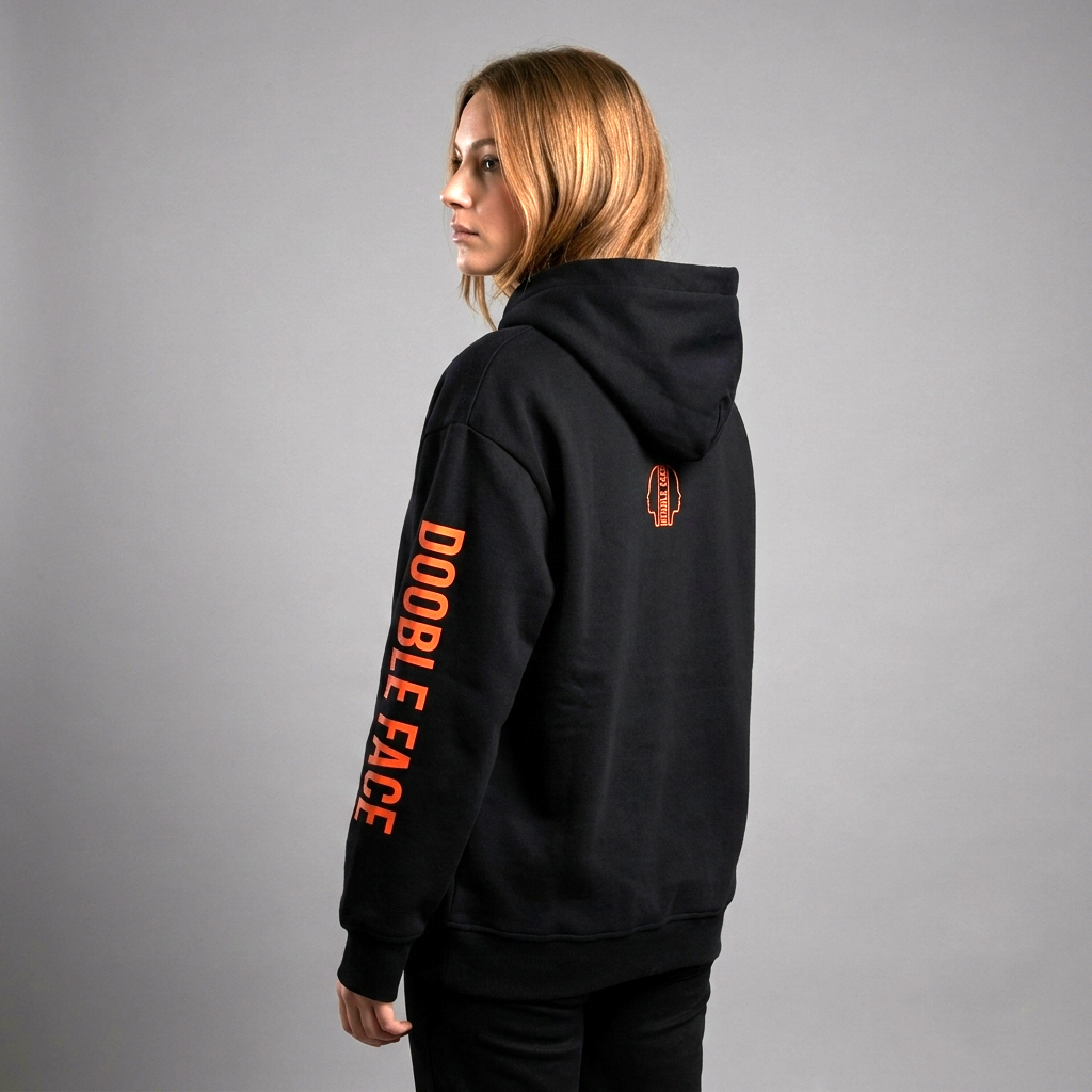 Sweat-shirt à Capuche DOOBLE FACE — Noir, Capuche Léopard Orange & Logo Dos