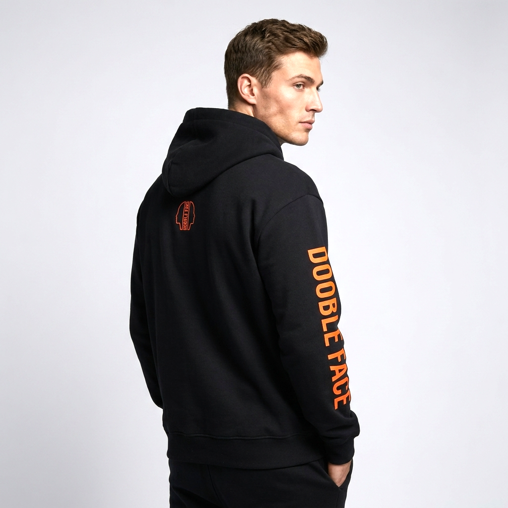 Sweat-shirt à Capuche DOOBLE FACE — Noir, Capuche Léopard Orange & Logo Dos